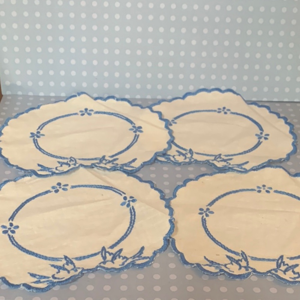 Charming Blue and White Embroidered Doilies Coasters Lovebirds Vintage